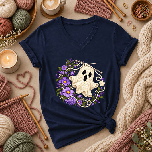 Knitted Ghost With Purple Flowers Women's V-Neck - Navy