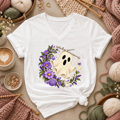 Knitted Ghost With Purple Flowers Women's V-Neck - White