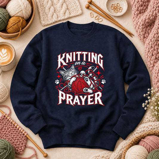 Knitting On A Prayer Cat Long Sleeve - Navy