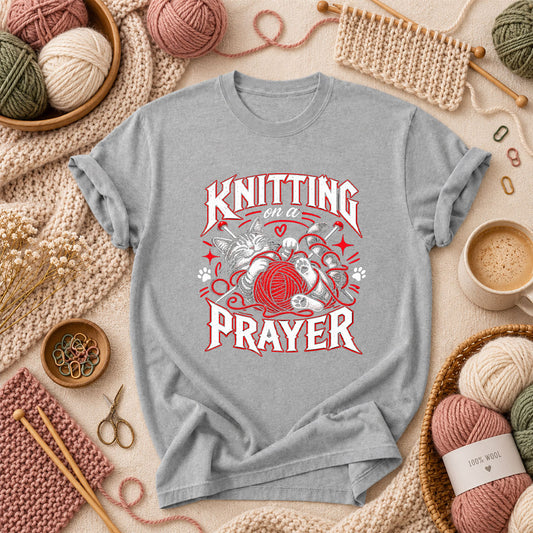 Knitting On A Prayer Cat T-Shirt - Athletic Heather