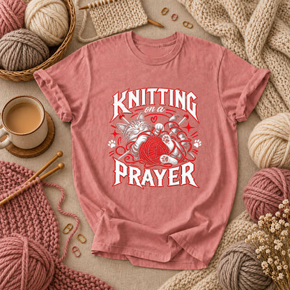 Knitting On A Prayer Cat T-Shirt - Heather Mauve