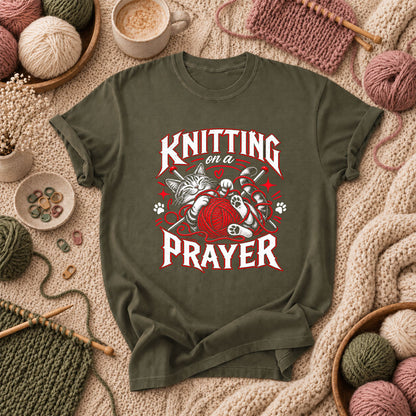 Knitting On A Prayer Cat T-Shirt - Military Green