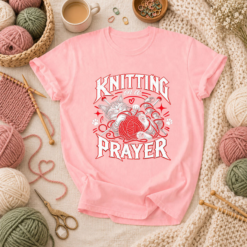 Knitting On A Prayer Cat T-Shirt - Pink