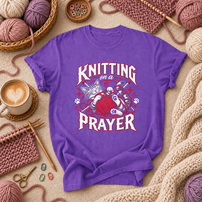 Knitting On A Prayer Cat T-Shirt - Purple