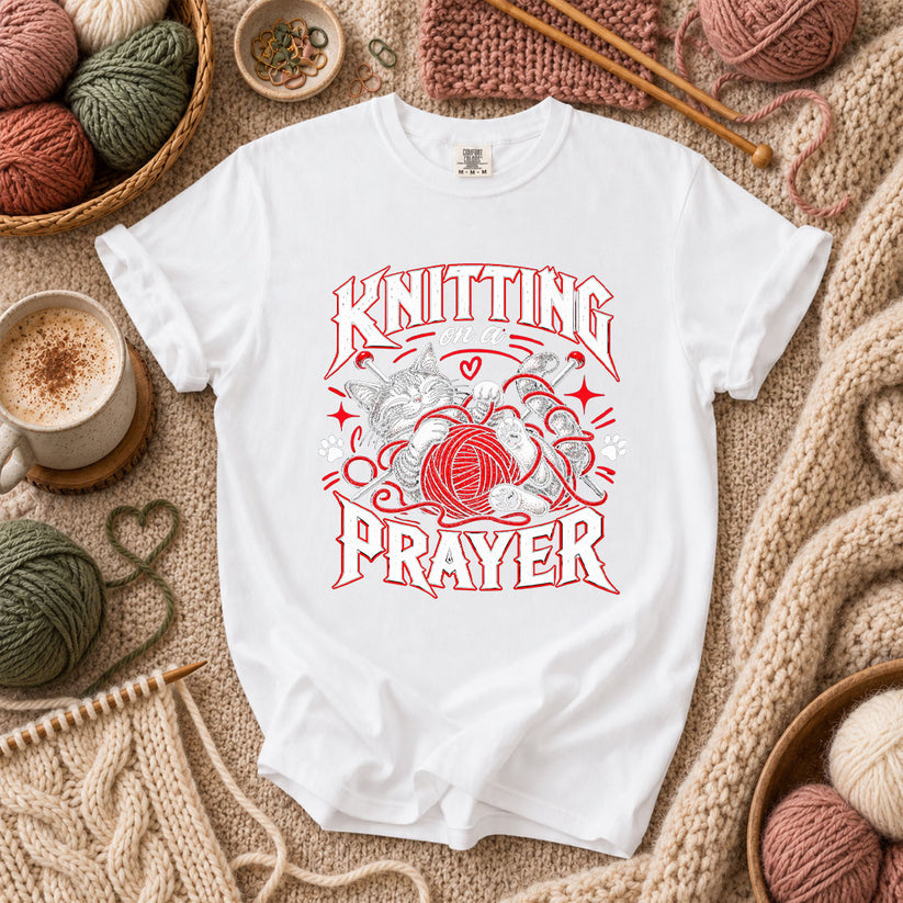 Knitting On A Prayer Cat T-Shirt - White
