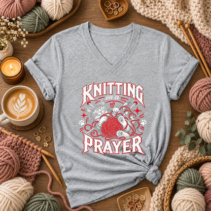 Knitting On A Prayer Cat Women's V-Neck - Athletic Heather