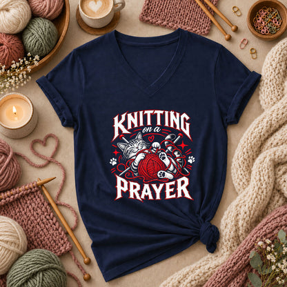 Knitting On A Prayer Cat Women's V-Neck - Navy