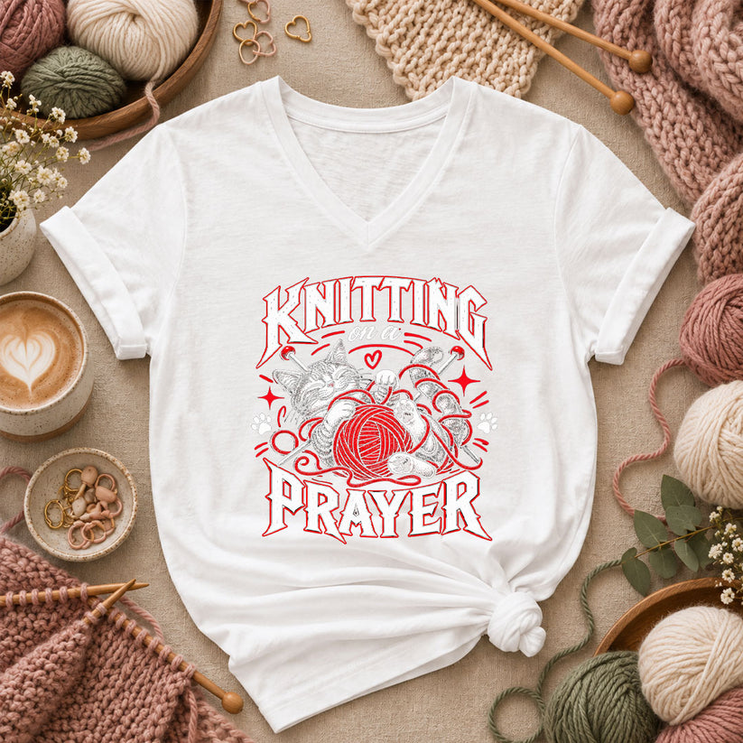 Knitting On A Prayer Cat Women's V-Neck - White