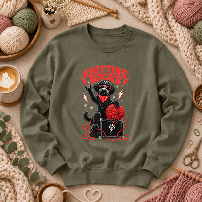 Knitting Rocks Doodle Dog Long Sleeve - Military Green