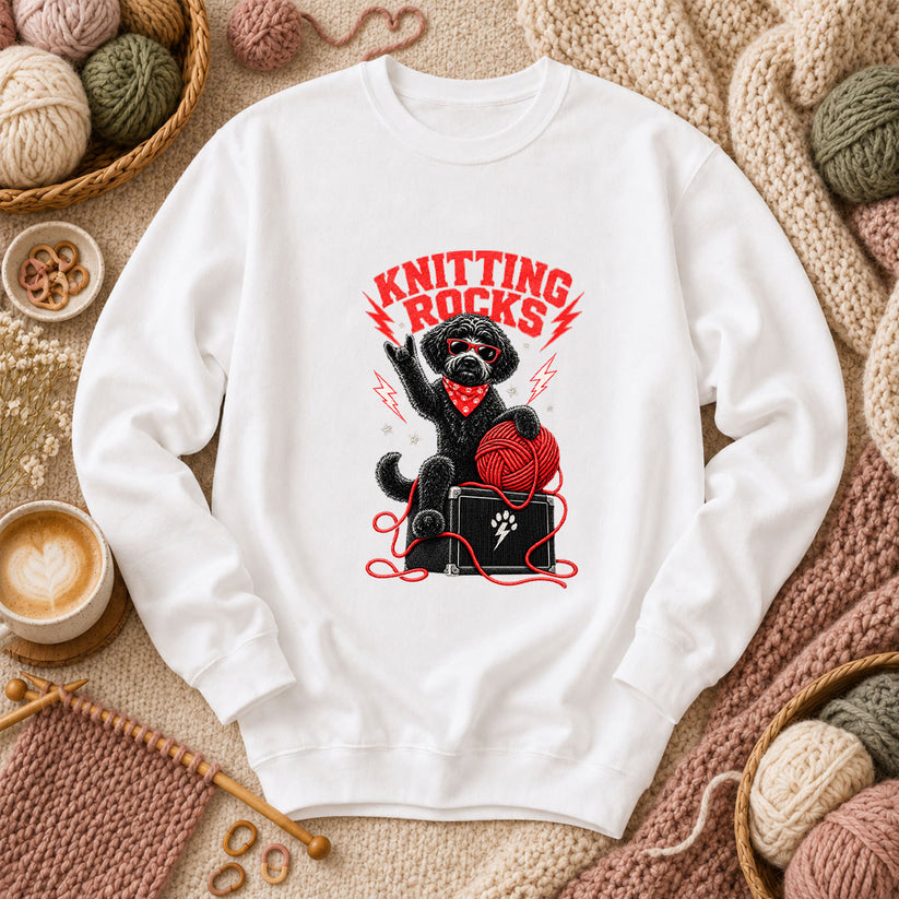 Knitting Rocks Doodle Dog Long Sleeve - White
