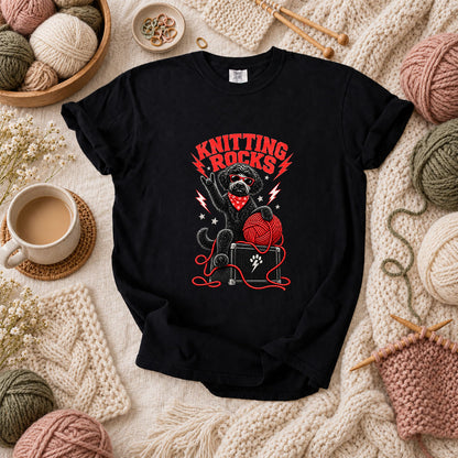 Knitting Rocks Doodle Dog T-Shirt - Black