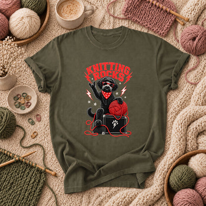 Knitting Rocks Doodle Dog T-Shirt - Military Green