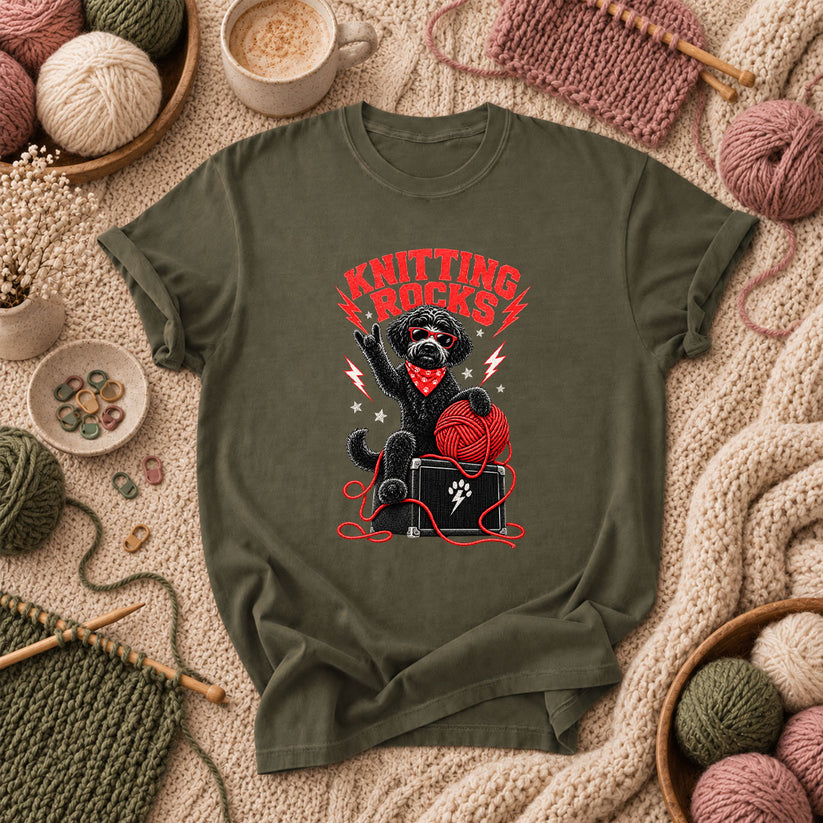 Knitting Rocks Doodle Dog T-Shirt - Military Green