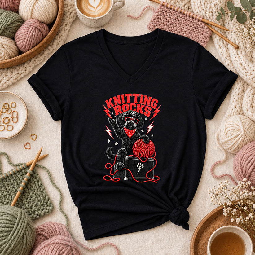 Knitting Rocks Doodle Dog Women's V-Neck - Black