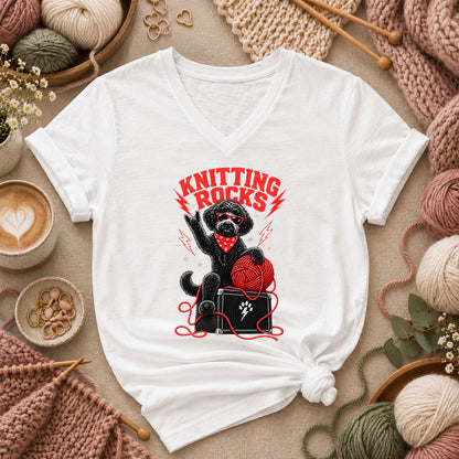 Knitting Rocks Doodle Dog Women's V-Neck - White