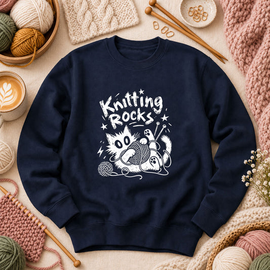 Knitting Rocks Grunge Black Cat Long Sleeve - Navy