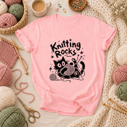 Knitting Rocks Grunge Black Cat T-Shirt - Pink