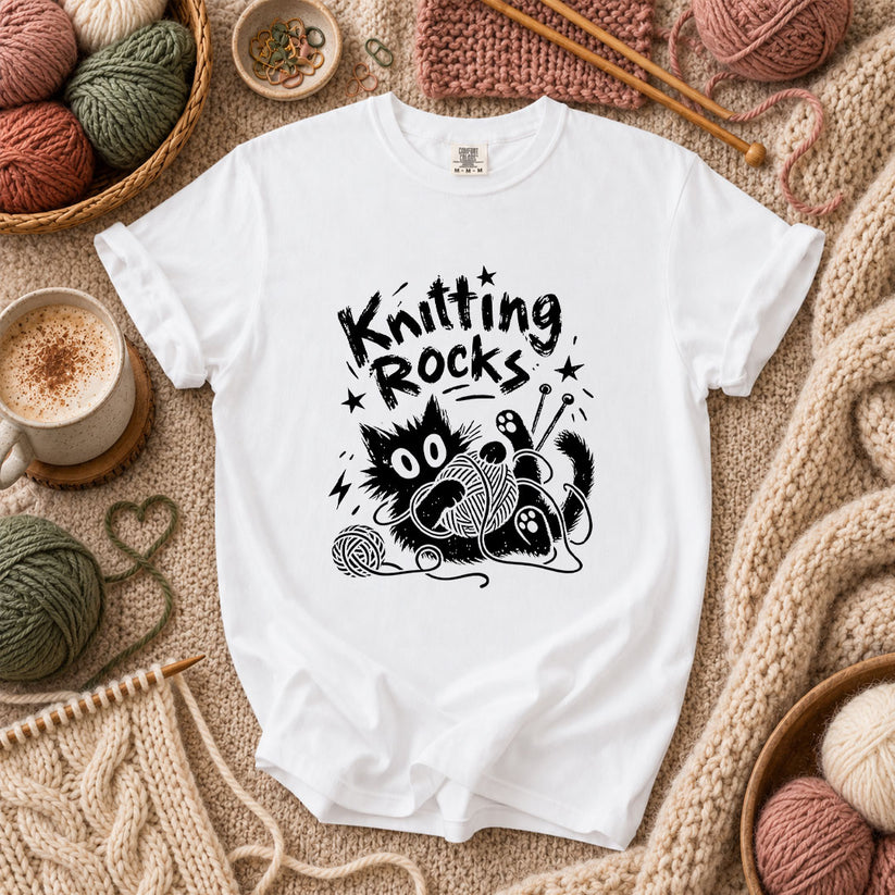 Knitting Rocks Grunge Black Cat T-Shirt - White