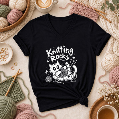 Knitting Rocks Grunge Black Cat Women's V-Neck - Black