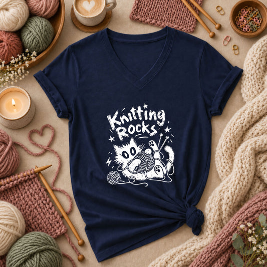 Knitting Rocks Grunge Black Cat Women's V-Neck