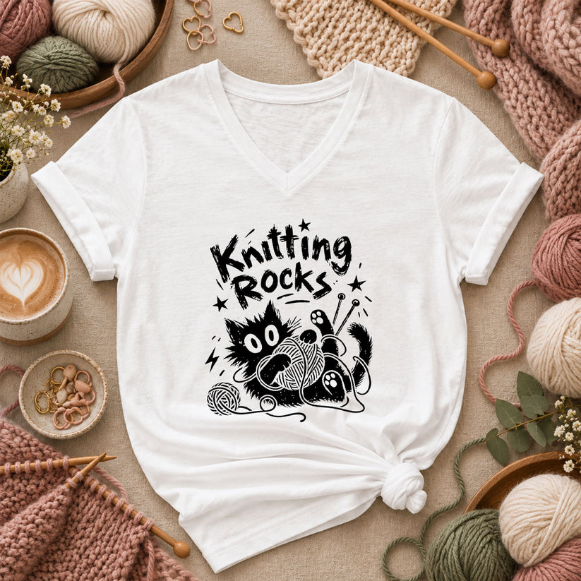 Knitting Rocks Grunge Black Cat Women's V-Neck - White