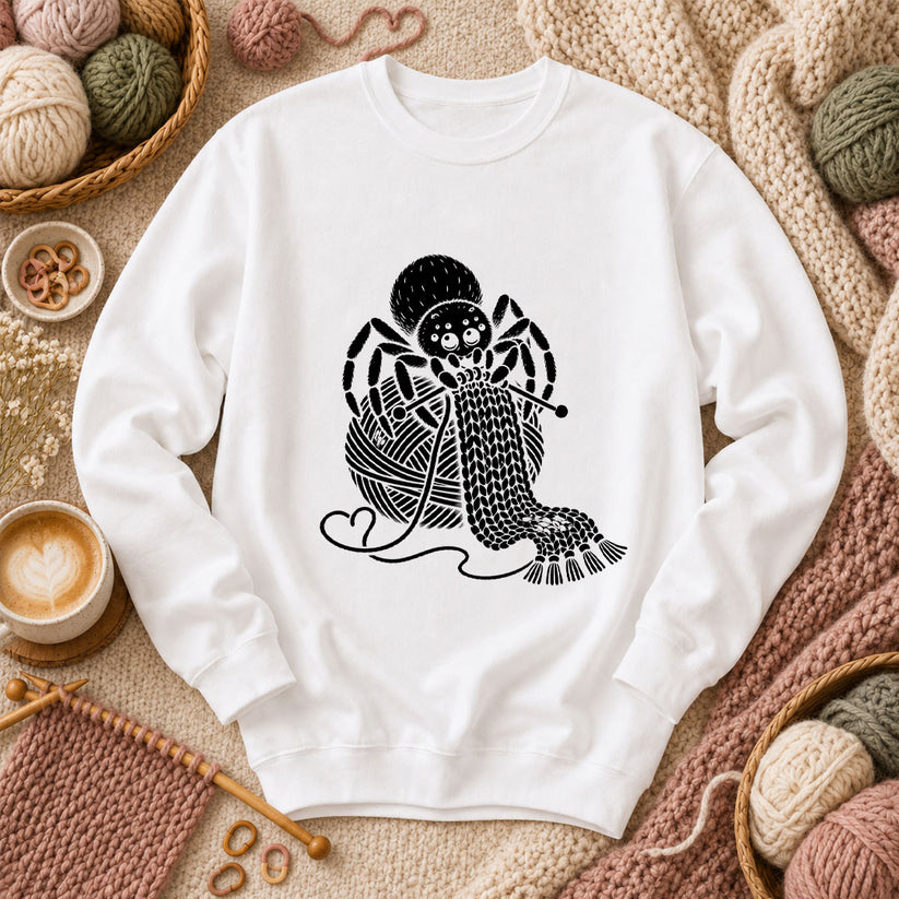 Knitting Spider With Yarn Ball Long Sleeve - White
