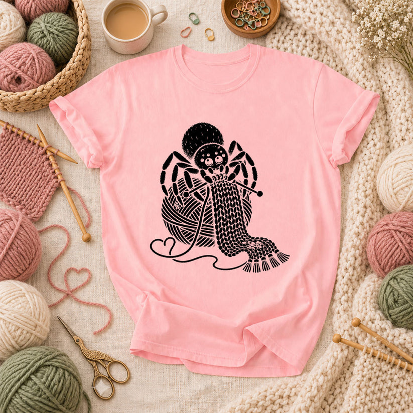 Knitting Spider With Yarn Ball T-Shirt - Pink