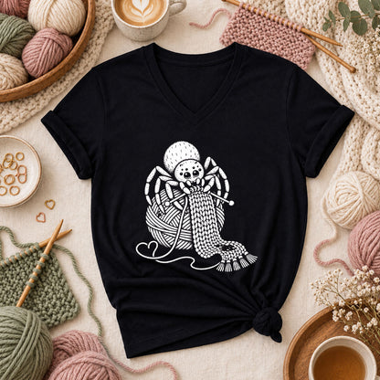 Knitting Spider With Yarn Ball Women's V-Neck - Black