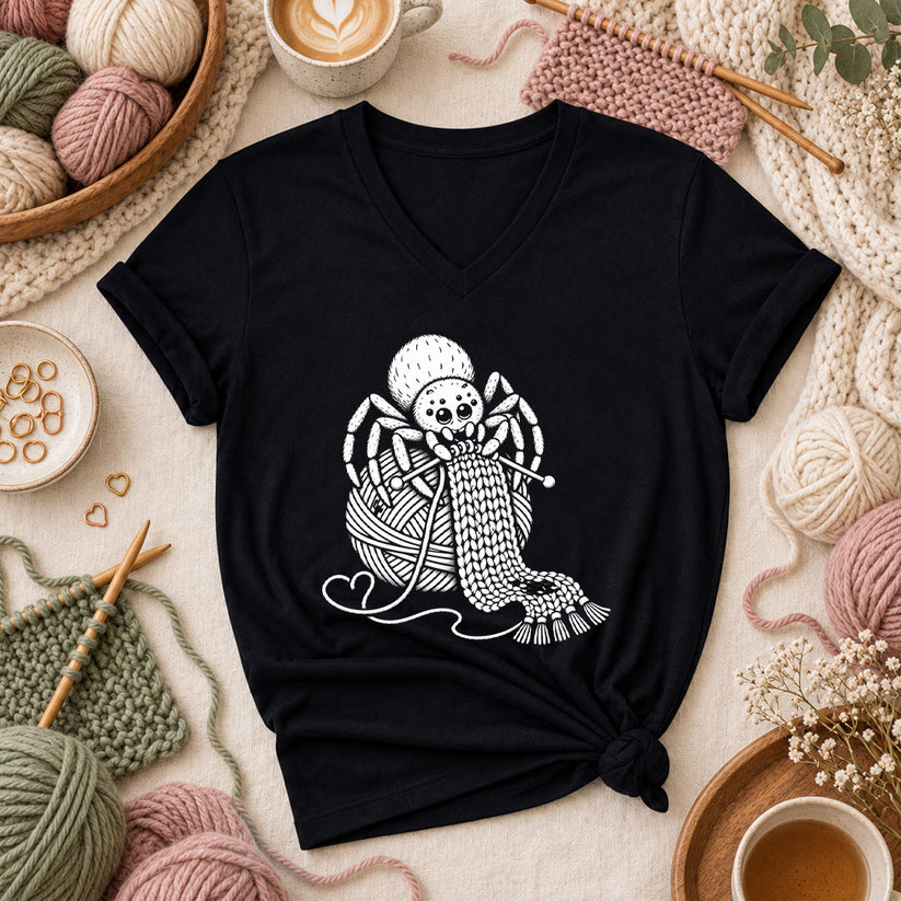 Knitting Spider With Yarn Ball Women's V-Neck - Black