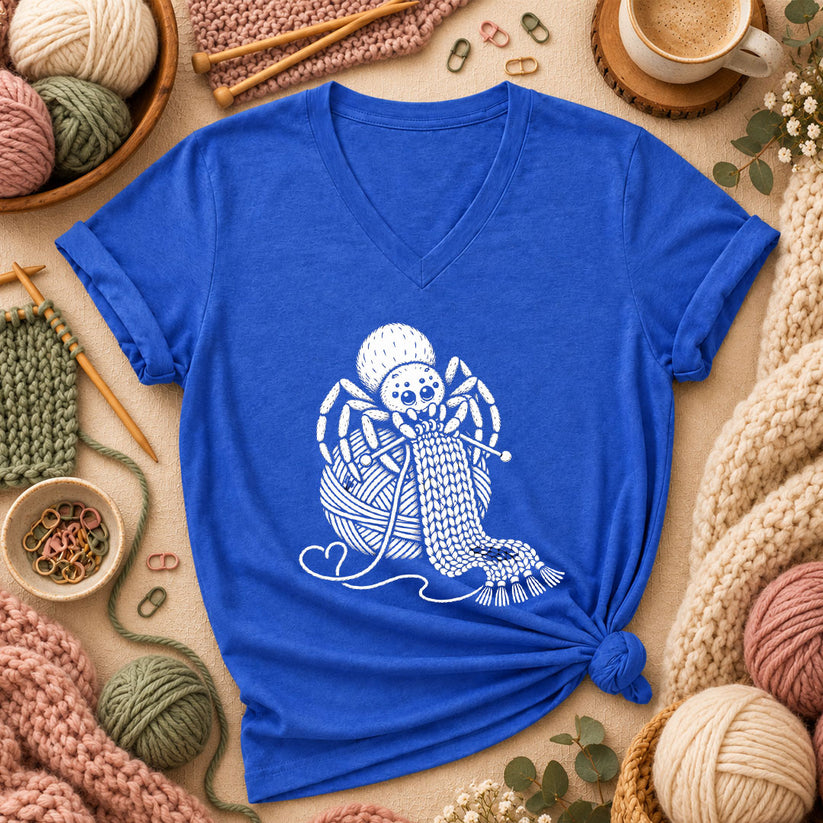 Knitting Spider With Yarn Ball Women's V-Neck - Heather True Royal