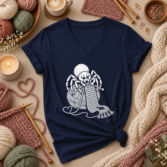 Knitting Spider With Yarn Ball Women's V-Neck - Navy