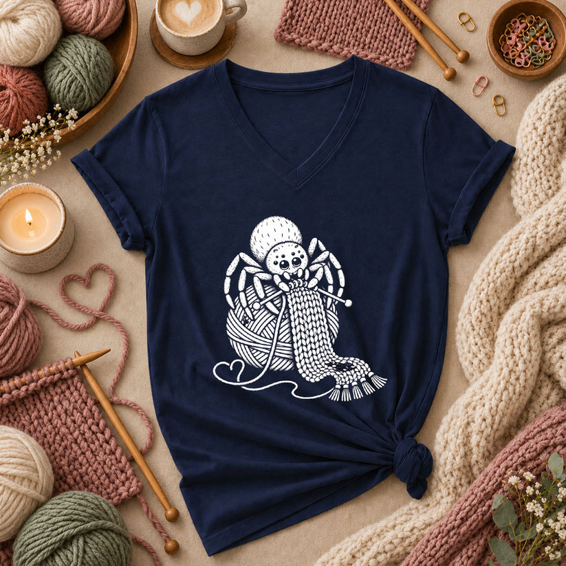 Knitting Spider With Yarn Ball Women's V-Neck - Navy