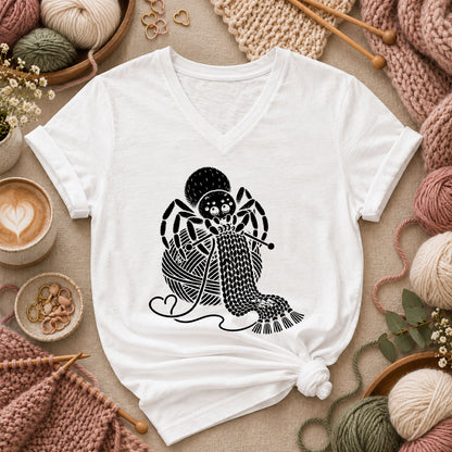 Knitting Spider With Yarn Ball Women's V-Neck - White