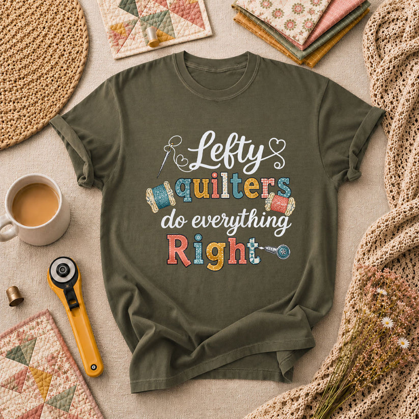 Lefty Quilters Do Everything Right T-Shirt - Military Green