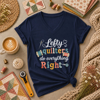Lefty Quilters Do Everything Right Women's V-Neck - Navy