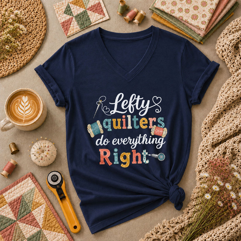 Lefty Quilters Do Everything Right Women's V-Neck - Navy