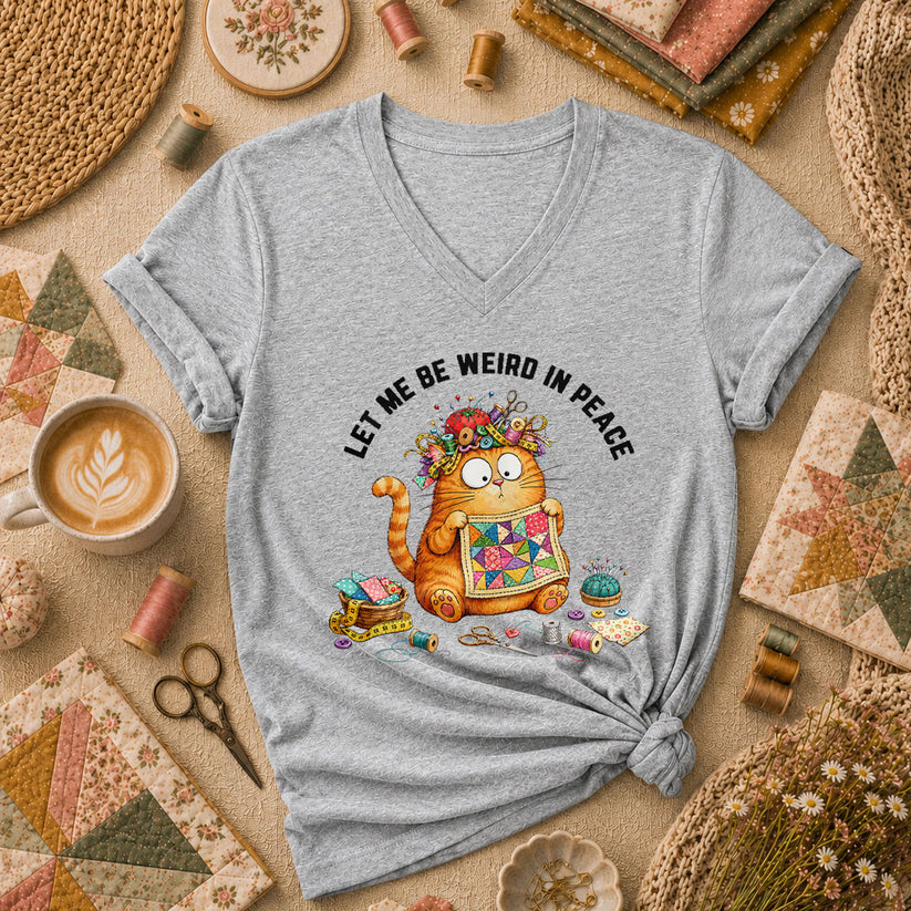 Let Me Be Weird In Peace Cat Quilter Women's V-Neck - Athletic Heather