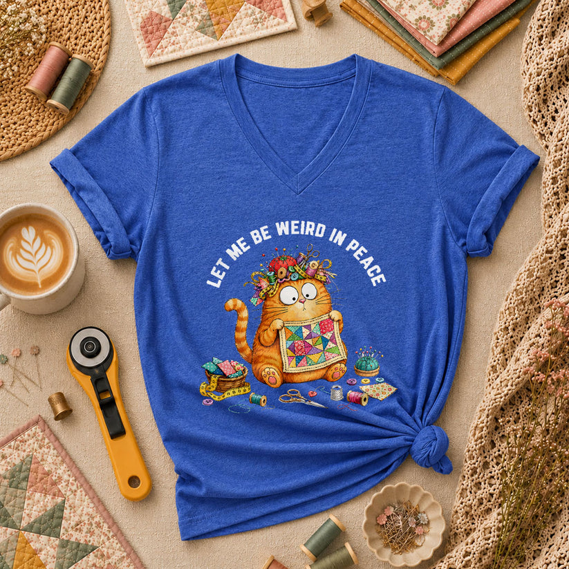 Let Me Be Weird In Peace Cat Quilter Women's V-Neck - Heather True Royal