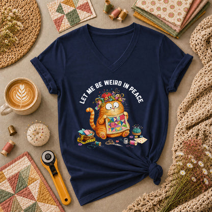 Let Me Be Weird In Peace Cat Quilter Women's V-Neck - Navy