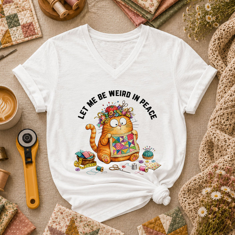 Let Me Be Weird In Peace Cat Quilter Women's V-Neck - White