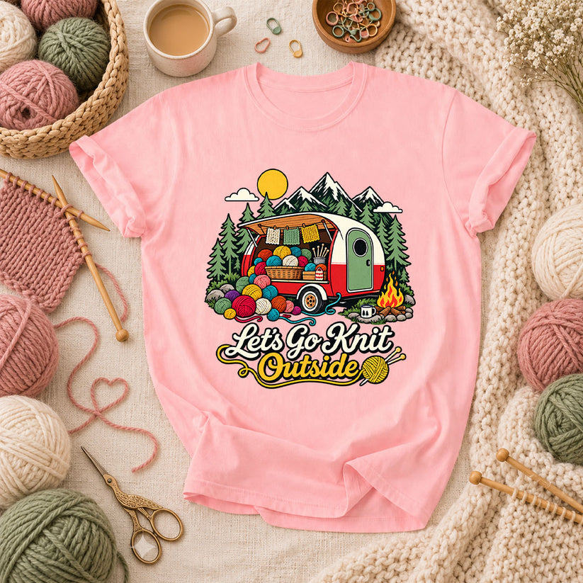 Let's Go Knit Outside Camper T-Shirt - Pink