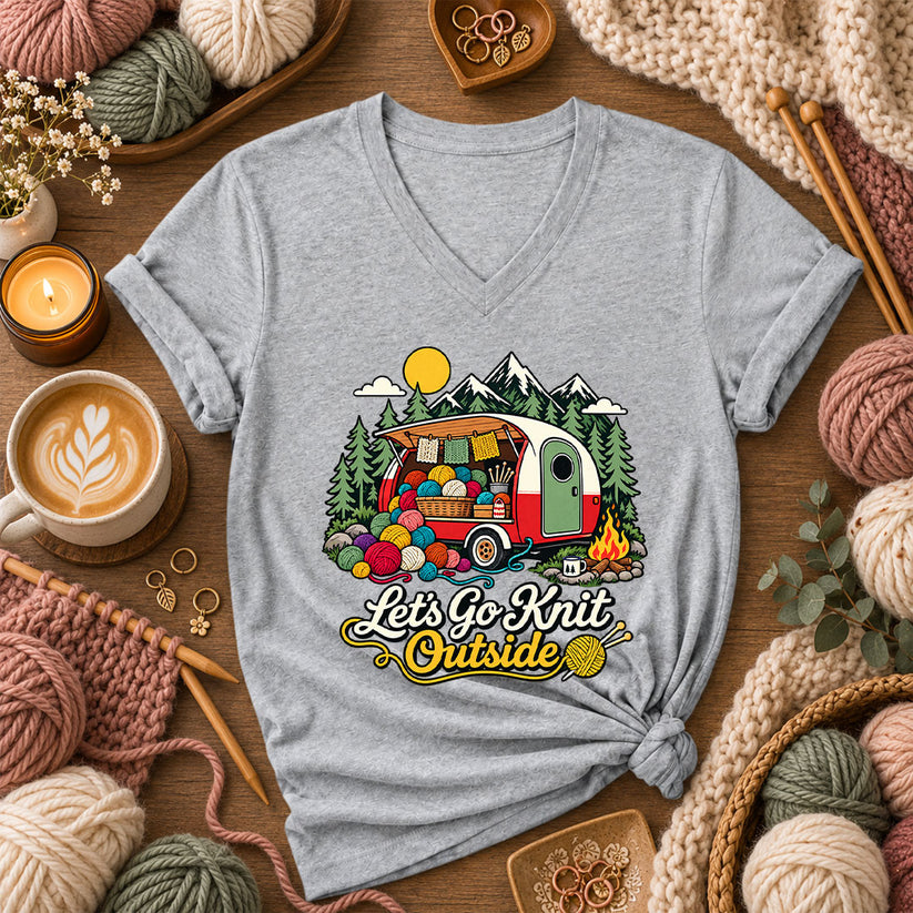 Let's Go Knit Outside Camper Women's V-Neck - Athletic Heather