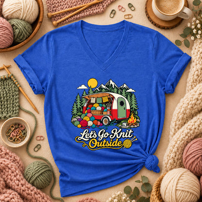 Let's Go Knit Outside Camper Women's V-Neck - Heather True Royal