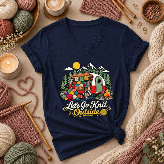 Let's Go Knit Outside Camper Women's V-Neck - Navy