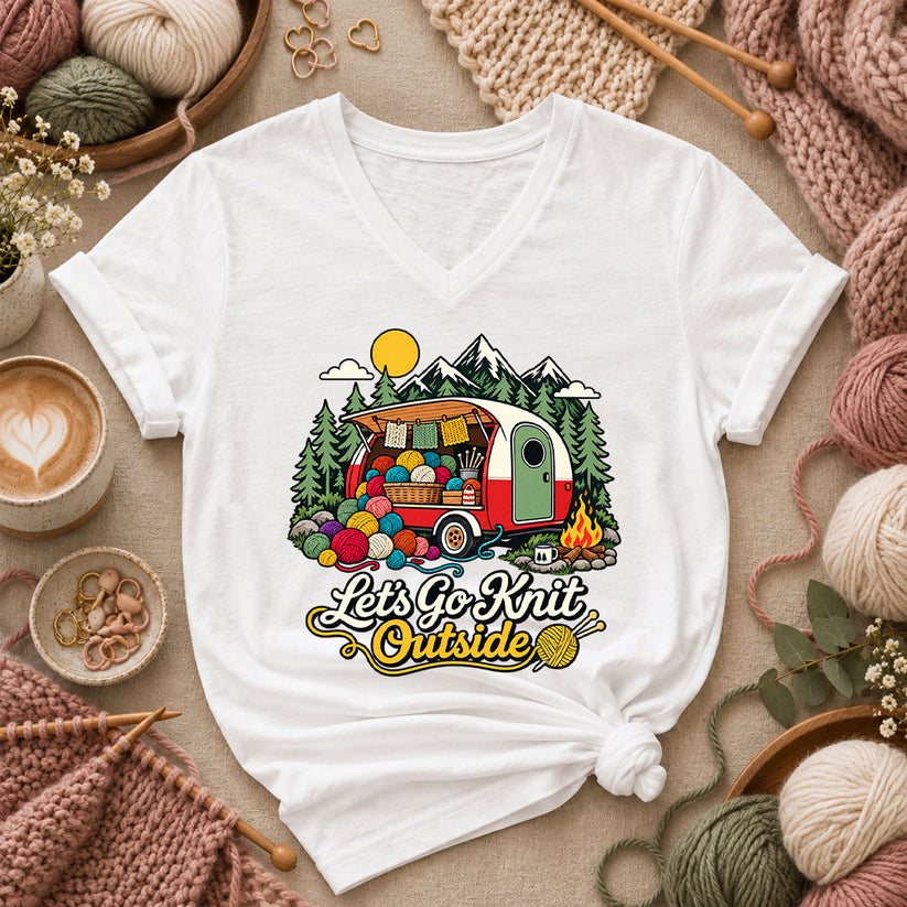 Let's Go Knit Outside Camper Women's V-Neck - White