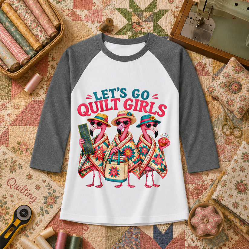 Lets Go Quilt Girls Flamingo Sisters Raglan Sleeve - Deep Heather