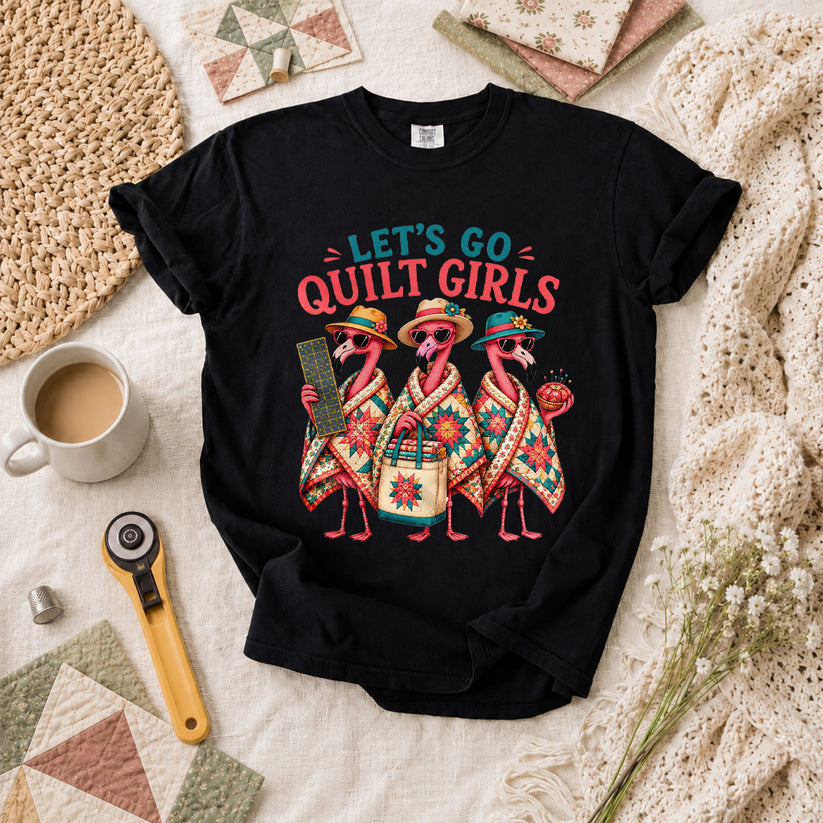 Lets Go Quilt Girls Flamingo Sisters T-Shirt - Black