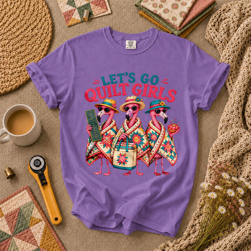 Lets Go Quilt Girls Flamingo Sisters T-Shirt - Heather Team Purple
