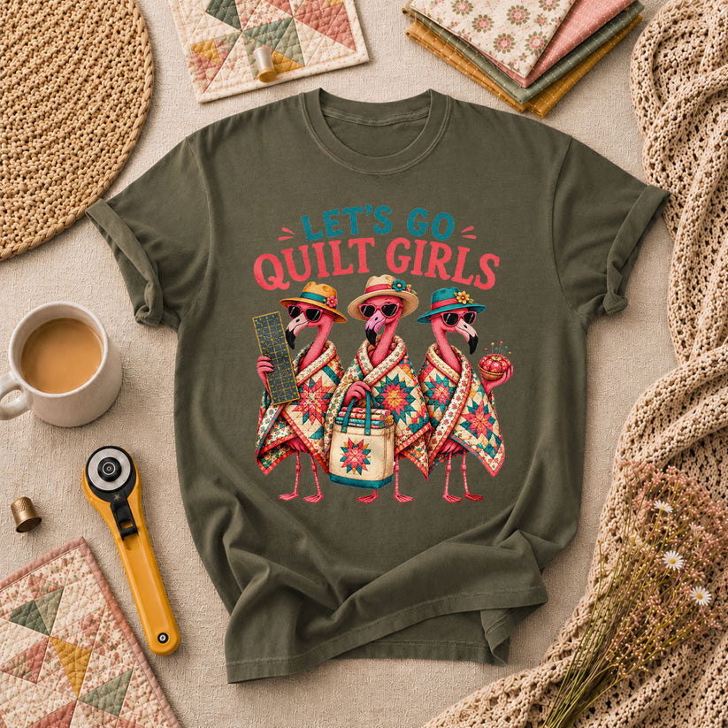 Lets Go Quilt Girls Flamingo Sisters T-Shirt - Military Green