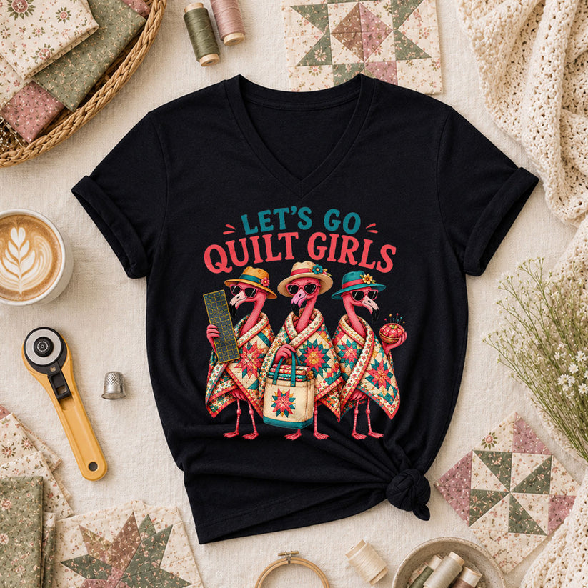 Lets Go Quilt Girls Flamingo Sisters Women's V-Neck - Black